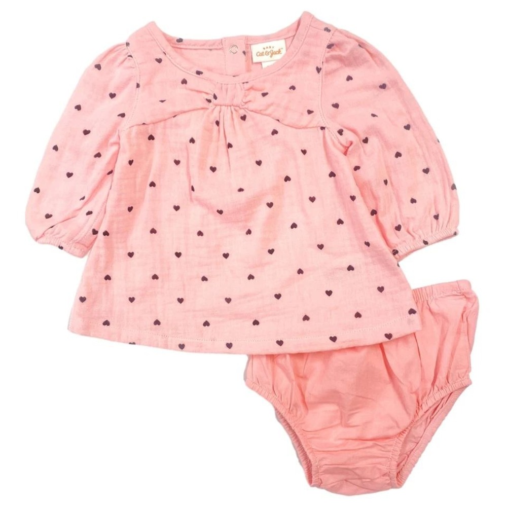 NEW Cat Jack Baby Girl Pink Heart Print Long Sleeve Dress & Bloomers Set 3-6M - Picture 2 of 16